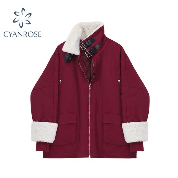 red sheepskin coat women turtleneck bandage design winter zipper lamb wool jacket outwear female oversize streetwear coat 210417, Black;brown 
red sheepskin coat women turtleneck bandage design winter zipper lamb wool jacket outwear female oversize streetwear coat 210417, Black;brown