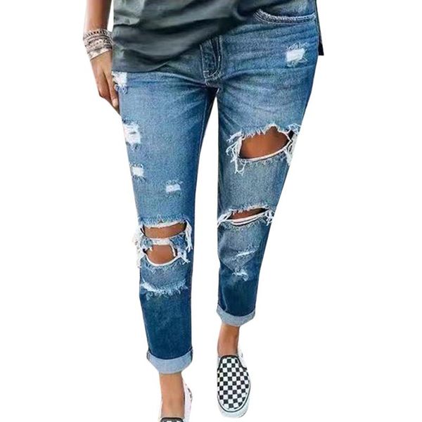 women casual denim full length ripped jeans button pencil pants with holes high waisted women's, Blue
women casual denim full length ripped jeans button pencil pants with holes high waisted women's, Blue