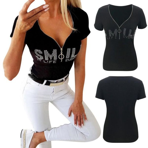women's t-shirt slim knitted letter print summer tshirt feature zipper v-neck short sleeve tee top, White
women's t-shirt slim knitted letter print summer tshirt feature zipper v-neck short sleeve tee top, White