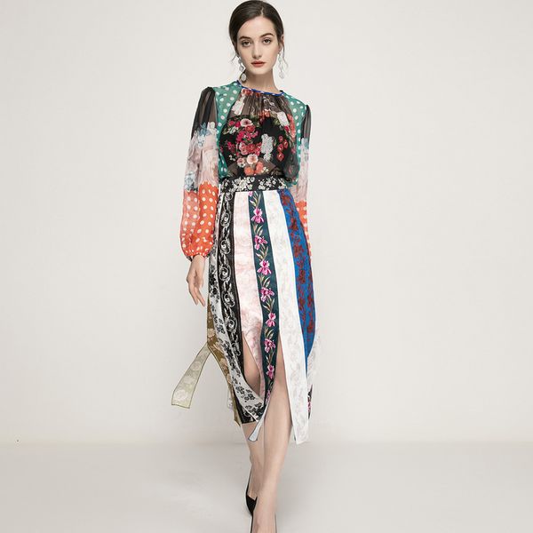 summer female retro flower polka dot chiffon long sleeve shirt + jacquard mid-length fringes skirt of two suit parts, White 
summer female retro flower polka dot chiffon long sleeve shirt + jacquard mid-length fringes skirt of two suit parts, White