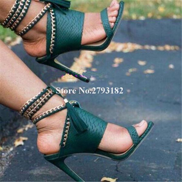 ladies fashion open toe pattern leather gold chain strap thin heel sandals lace-up tassels high club shoes, Black 
ladies fashion open toe pattern leather gold chain strap thin heel sandals lace-up tassels high club shoes, Black