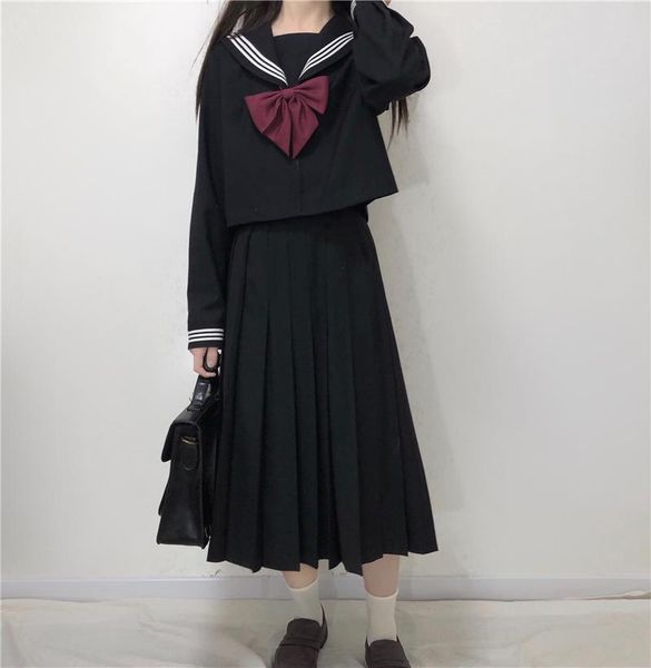 clothing sets japanese dark college suit female based on paragraph jk uniforms sailor shirt + high-waisted pleated skirt, White