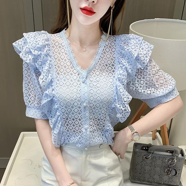 women's blouses & shirts 2021 summer korean chic ladies fairy hollow out v-neck women shirt fashion lace short sleeve button up, White 
women's blouses & shirts 2021 summer korean chic ladies fairy hollow out v-neck women shirt fashion lace short sleeve button up, White