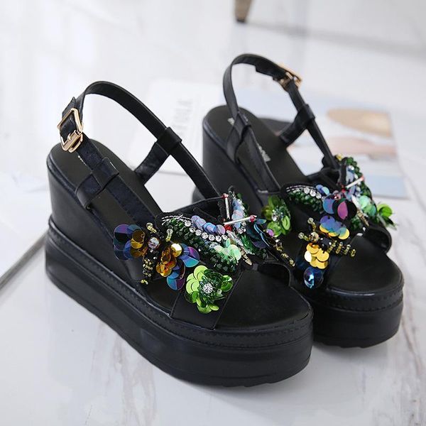 european station 2021 summer muffin bottom sequins flowers rhinestones wedge sandals thick beach slippers women, Black
european station 2021 summer muffin bottom sequins flowers rhinestones wedge sandals thick beach slippers women, Black
