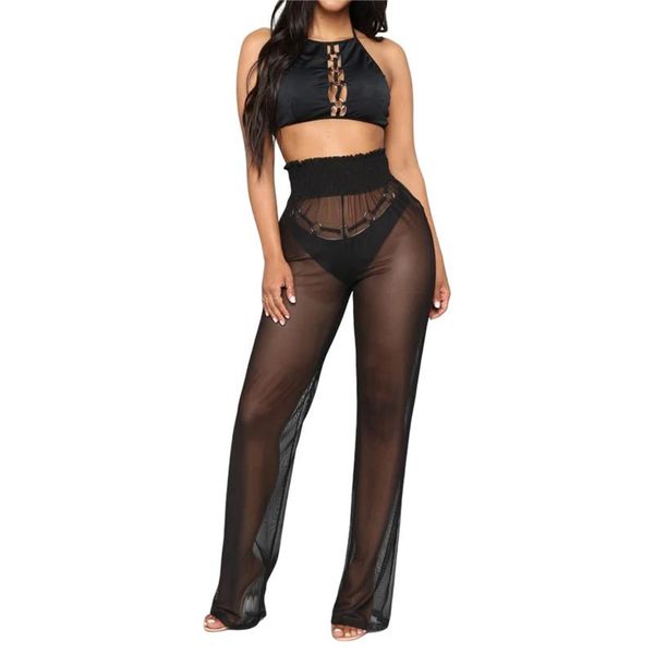 women's swimwear see through mesh pants flare bikini bottom cover up elastic waist wide leg trousers, White;black
women's swimwear see through mesh pants flare bikini bottom cover up elastic waist wide leg trousers, White;black