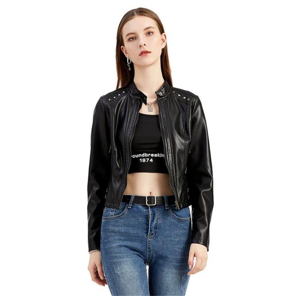 women's leather & faux ladies slim rivet jacket stand-up collar long sleeve overcoat with zipper short coat female autumn, Black
women's leather & faux ladies slim rivet jacket stand-up collar long sleeve overcoat with zipper short coat female autumn, Black