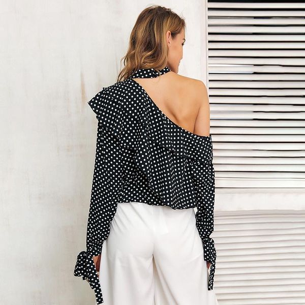 women's blouses & shirts elegant business office blouse women one shoulder polka dots print long sleeve irregular ruffle chiffon bow s, White
women's blouses & shirts elegant business office blouse women one shoulder polka dots print long sleeve irregular ruffle chiffon bow s, White