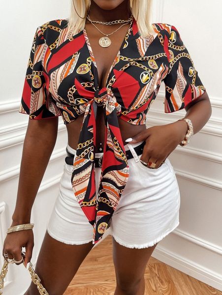 sxy chain print knot front crop b3tl#, White
