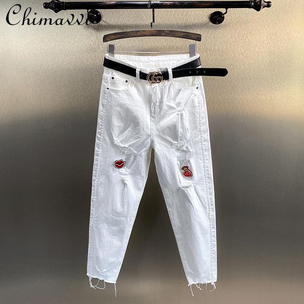 women's jeans white high waist beads summer 2021 loose hole slimming cropped denim pants female ripped harem, Blue
women's jeans white high waist beads summer 2021 loose hole slimming cropped denim pants female ripped harem, Blue