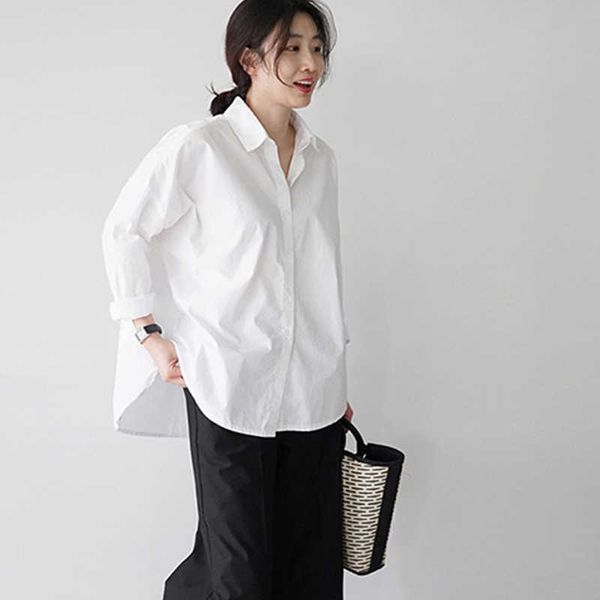 solid shirt women's style all-match spring and autumn casual front short back full loose white women blouse 210615
solid shirt women's style all-match spring and autumn casual front short back full loose white women blouse 210615