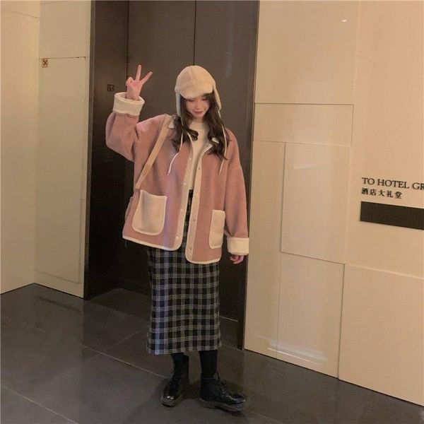 women's jackets lamb wool contrast coat autumn and winter ins korean design sense versatile cotton jacket loose lapel, Black;brown
women's jackets lamb wool contrast coat autumn and winter ins korean design sense versatile cotton jacket loose lapel, Black;brown