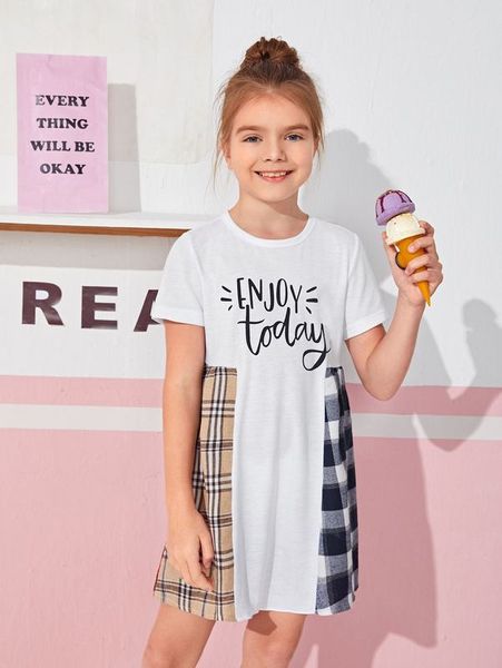 girls contrast plaid panel slogan graphic dress she, Red;yellow
girls contrast plaid panel slogan graphic dress she, Red;yellow