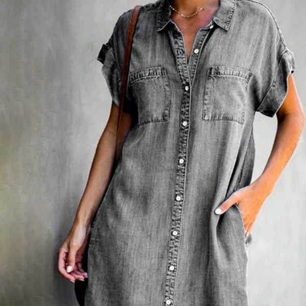 women dress summer short sleeve pockets single breasted irregular hem knee length denim loose style vestidos, Black;gray
women dress summer short sleeve pockets single breasted irregular hem knee length denim loose style vestidos, Black;gray
