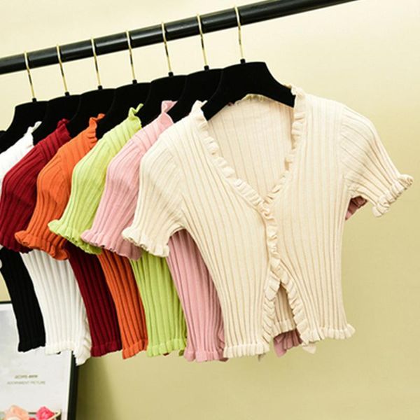 women's sweaters 2021 vintage v neck ruffles ladies slim summer knit t-shirt casual women t shirt tee crop thin cardigan coat female, White;black
women's sweaters 2021 vintage v neck ruffles ladies slim summer knit t-shirt casual women t shirt tee crop thin cardigan coat female, White;black