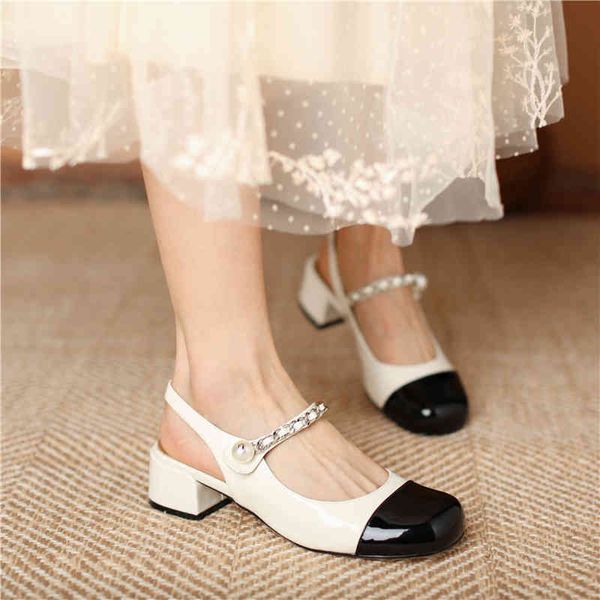 pearl new french chain girl thick heel mary jane single shoes in 2021 yw, Black