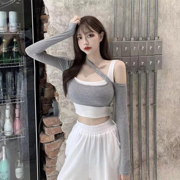 women's t-shirt spring ladies fashion strapless fake two-piece designer casual short tight-fitting striped long-sleeved, White
women's t-shirt spring ladies fashion strapless fake two-piece designer casual short tight-fitting striped long-sleeved, White