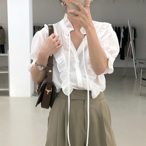 women's blouses & shirts korean chic summer versatile style v-neck lace up ruffle design loose solid short sleeve shirt 10550, White 
women's blouses & shirts korean chic summer versatile style v-neck lace up ruffle design loose solid short sleeve shirt 10550, White