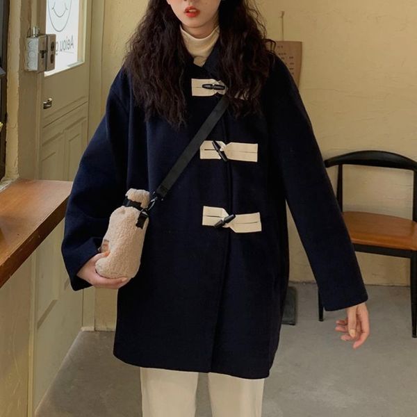 women's wool & blends casual women loose navy blue horn button coat autumn winter fashion ladies long slevee thick female midi coats, Black
women's wool & blends casual women loose navy blue horn button coat autumn winter fashion ladies long slevee thick female midi coats, Black