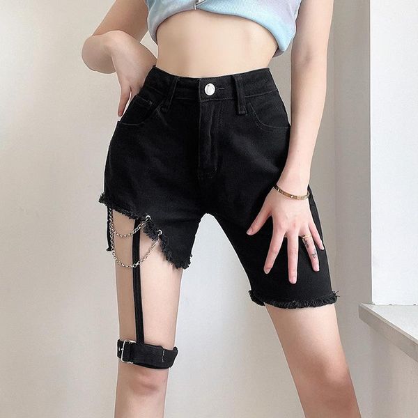 women's shorts women chic denim high waist trendy frayed hem solid color wild stylish chain decor with thigh loop, White;black
women's shorts women chic denim high waist trendy frayed hem solid color wild stylish chain decor with thigh loop, White;black