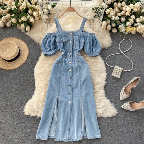 singrein women retro denim strap dress korean puff sleeve single breasted a-line dress summer off shoulder split midi dress 210419, Black;gray
singrein women retro denim strap dress korean puff sleeve single breasted a-line dress summer off shoulder split midi dress 210419, Black;gray