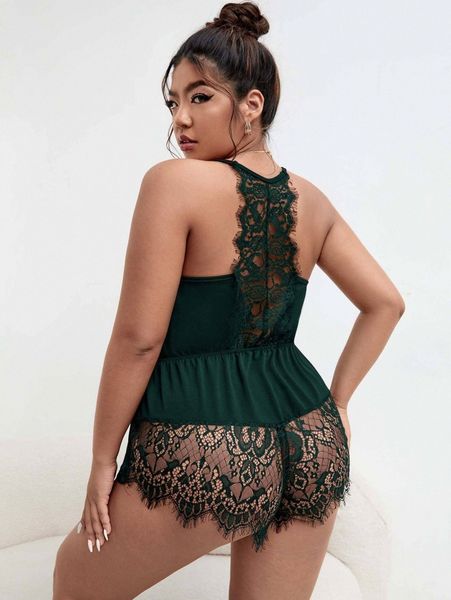 plus contrast eyelash lace plunging neck sleep romper z5fd#, Black;white 
plus contrast eyelash lace plunging neck sleep romper z5fd#, Black;white