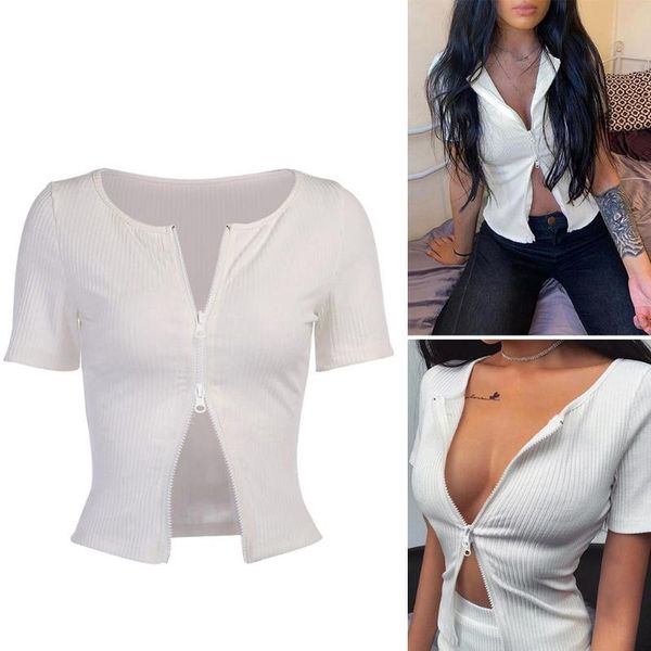 women short sleeve o neck crop ribbed double zip slim shirt blouse summer casual solid colors holiday ladies women's blouses & shir, White
women short sleeve o neck crop ribbed double zip slim shirt blouse summer casual solid colors holiday ladies women's blouses & shir, White