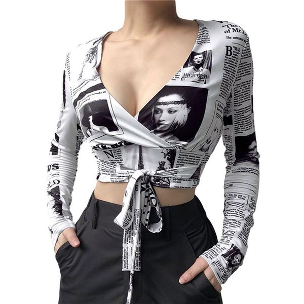 summer women club deep v-neck spaper pattern 2021 fashion long sleeve street punk bandage t-shirt women's, White
summer women club deep v-neck spaper pattern 2021 fashion long sleeve street punk bandage t-shirt women's, White