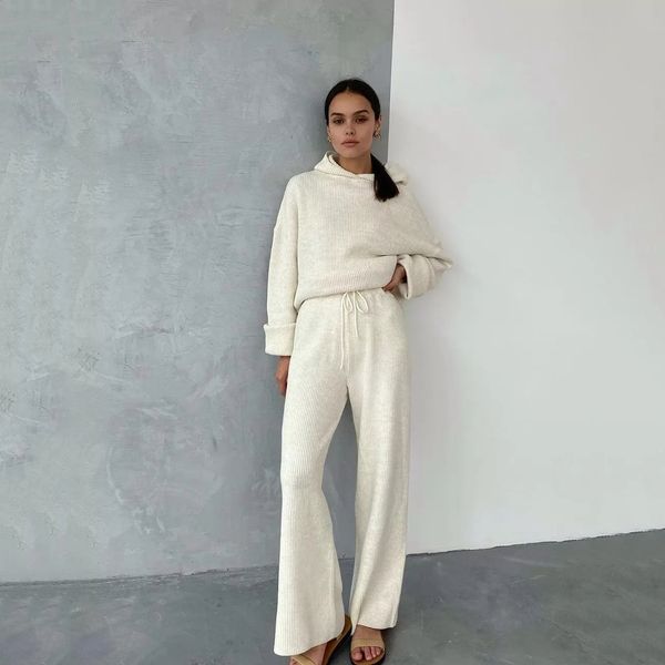 women's two-piece trousers winter suit with hood solid color knit fashion all-match trend wide-leg pants, White
women's two-piece trousers winter suit with hood solid color knit fashion all-match trend wide-leg pants, White