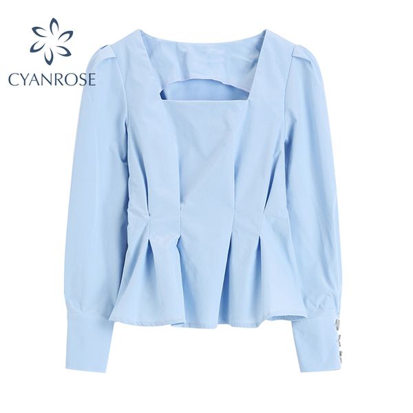 korean style blouse women blue&white solid lantern long sleeve square collar shirt female high waist slim elegant office 210417
korean style blouse women blue&white solid lantern long sleeve square collar shirt female high waist slim elegant office 210417
