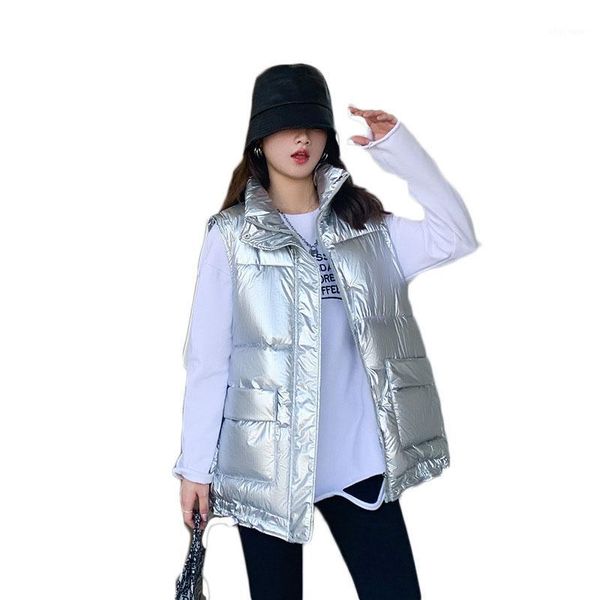 women's down & parkas cotton vest women winter 2021 slim short fashion shiny korean version big pocket stand collar solid color jacket, Black 
women's down & parkas cotton vest women winter 2021 slim short fashion shiny korean version big pocket stand collar solid color jacket, Black