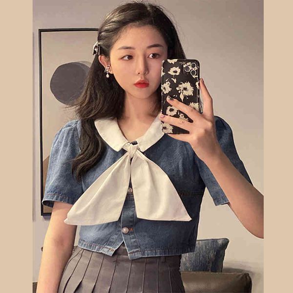 summer retro contrast short sleeve bow denim t shirts women slim thin single-breasted crop fashion jeans 210429, White
summer retro contrast short sleeve bow denim t shirts women slim thin single-breasted crop fashion jeans 210429, White