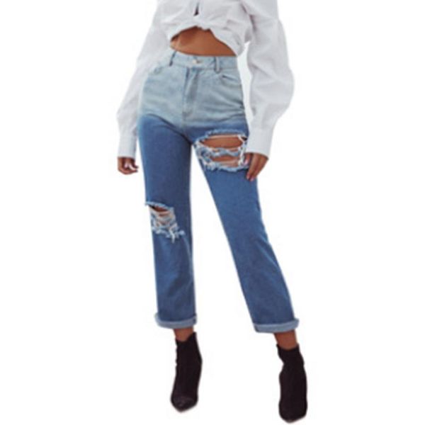 women's jeans women gradient color ripped straight casual denim full length pants with hole high waist, Blue
women's jeans women gradient color ripped straight casual denim full length pants with hole high waist, Blue
