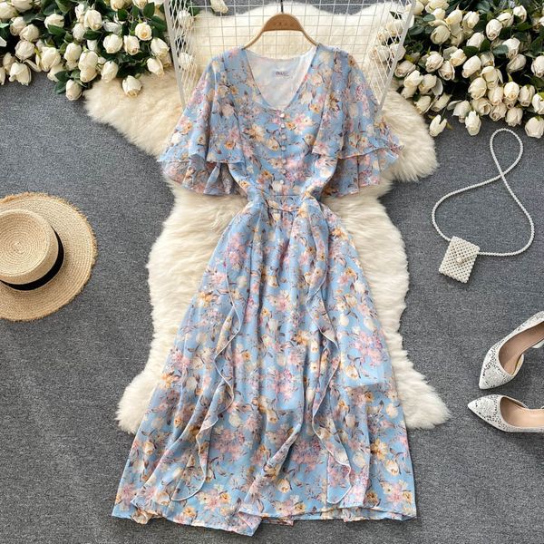 green/blue/pink/beige floral chiffon midi dress women summer short sleeve v-neck ruffle vestidos female casual robe 2021 new, Black;gray
green/blue/pink/beige floral chiffon midi dress women summer short sleeve v-neck ruffle vestidos female casual robe 2021 new, Black;gray