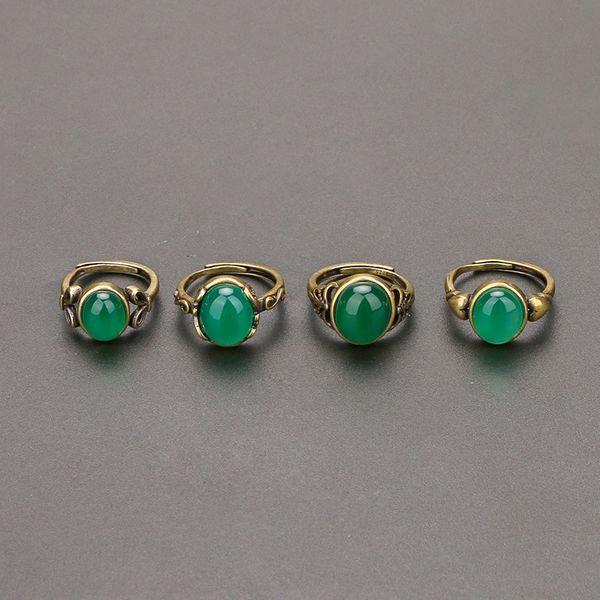 imitation green agate inlaid with chalcedony ring, female antique emerald, adjustable index finger opening, Silver
