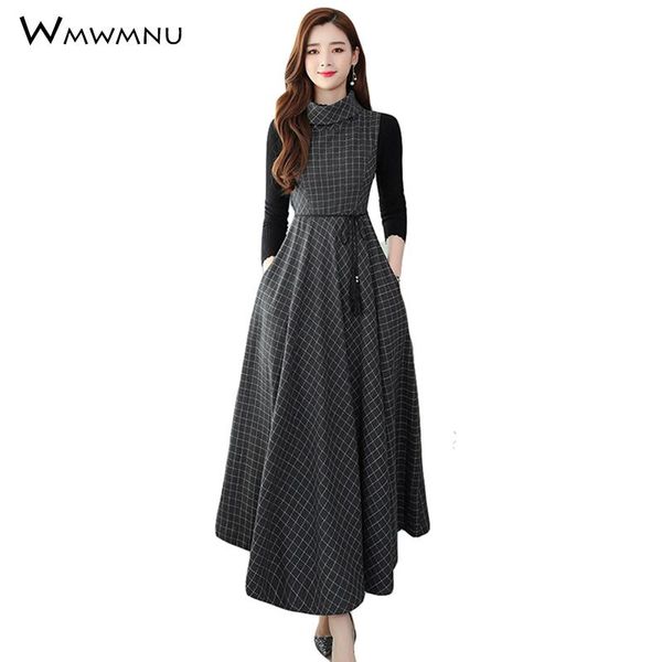 retro plaid turtleneck slim waist woolen vest dress elegant long sleeve sweater two-piece vintage lace-up maxi large hem casual dresses, Black;gray
retro plaid turtleneck slim waist woolen vest dress elegant long sleeve sweater two-piece vintage lace-up maxi large hem casual dresses, Black;gray