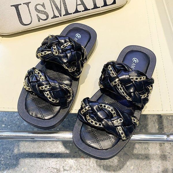 women slippers leather weave fashion chain sandals casual platform outdoor open toe beach female slides, Black
women slippers leather weave fashion chain sandals casual platform outdoor open toe beach female slides, Black