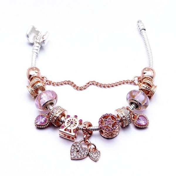 pandora series classic rose gold diffuse pink glass bead bracelet diy heart lock pendant alloy, Golden;silver
pandora series classic rose gold diffuse pink glass bead bracelet diy heart lock pendant alloy, Golden;silver