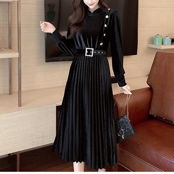 casual dresses wkfyy elegant velvet asymmetrical stand collar lantern sleeve belt beading slim pleated maxi calf length long dress female d4, Black;gray
casual dresses wkfyy elegant velvet asymmetrical stand collar lantern sleeve belt beading slim pleated maxi calf length long dress female d4, Black;gray