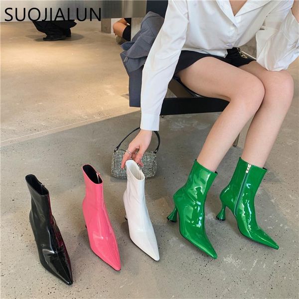 boots suojialun winter women ankle shoes patent leather pointed toe short boot zipper thin heel pumps, Black
boots suojialun winter women ankle shoes patent leather pointed toe short boot zipper thin heel pumps, Black
