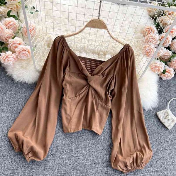 french retro solid color blouse female knotted v-neck lantern sleeves blusa waist was thinner short wild chiffon shirt gk087 210506, White
french retro solid color blouse female knotted v-neck lantern sleeves blusa waist was thinner short wild chiffon shirt gk087 210506, White
