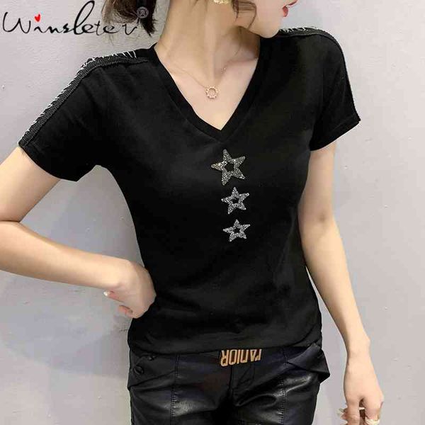 women's t-shirt summer european clothes cotton chic v-neck women short sleeve shiny diamonds chain tees black t13509a j4, White
women's t-shirt summer european clothes cotton chic v-neck women short sleeve shiny diamonds chain tees black t13509a j4, White