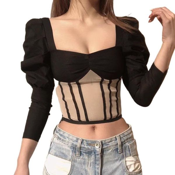 women's t-shirt summer mesh patchwork color contrast slim women square collar puff tshirt streetwear vintage long sleeve short tee, White
women's t-shirt summer mesh patchwork color contrast slim women square collar puff tshirt streetwear vintage long sleeve short tee, White