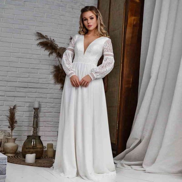 wedding dress v-neck backless lace up beach bridal dress sweep train long sleeve bohemian vestidos de noiva, White
wedding dress v-neck backless lace up beach bridal dress sweep train long sleeve bohemian vestidos de noiva, White
