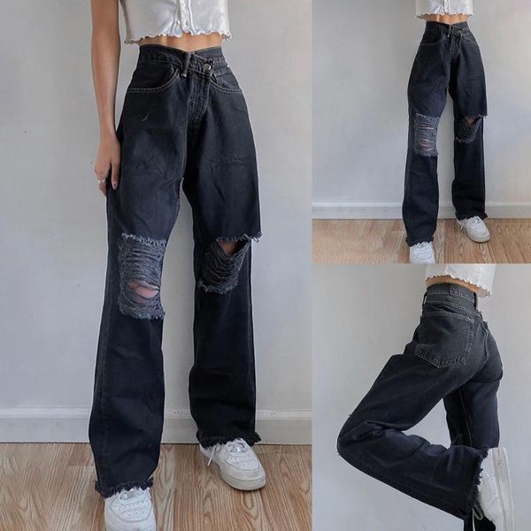 women's jeans fashion high waist ripped edge casual straight leg trousers, Blue
women's jeans fashion high waist ripped edge casual straight leg trousers, Blue