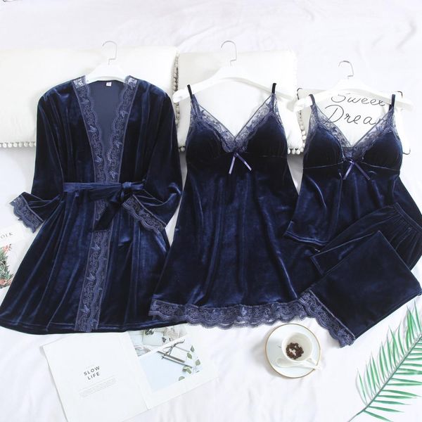 new women velvet 4 pieces pajamas sets sling lace sleepwear winter autumn pyjama with chest pad wine red robe, Black;red
new women velvet 4 pieces pajamas sets sling lace sleepwear winter autumn pyjama with chest pad wine red robe, Black;red