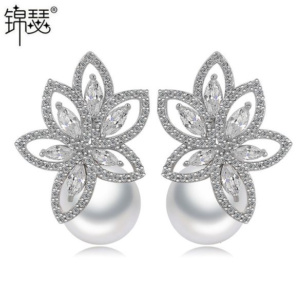 jewelry charm stud water flower earrings aaa zircon korean fashion beizhu pearl, Golden