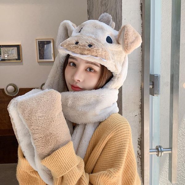 berets korea cute little pig color matching plush hooded scarf one female winter warm earmuff hat gloves three-piece set, Blue;gray
berets korea cute little pig color matching plush hooded scarf one female winter warm earmuff hat gloves three-piece set, Blue;gray