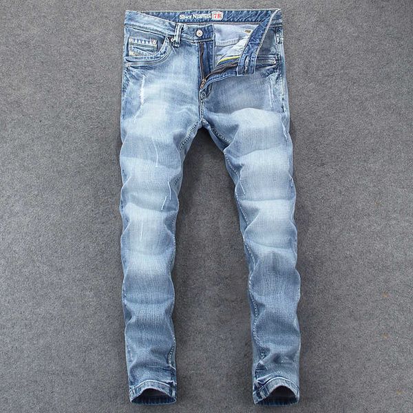 men's jeans italian style fashion retro light blue elastic cotton slim fit ripped for vintage designer denim pants homme de3s
men's jeans italian style fashion retro light blue elastic cotton slim fit ripped for vintage designer denim pants homme de3s