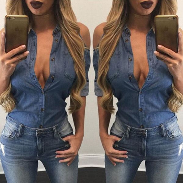 women's blouses & shirts womens summer off shoulder denim shirt v-neck button casual, White
women's blouses & shirts womens summer off shoulder denim shirt v-neck button casual, White