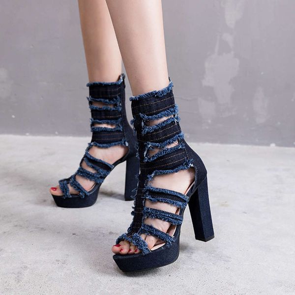 denim hollow out high heel sandals summer fish mouth women's sho large waterproof platform thick, Black
denim hollow out high heel sandals summer fish mouth women's sho large waterproof platform thick, Black